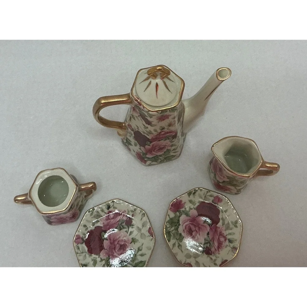 Vintage Miniature Tea Set Porcelain Rose Floral Gold Trim 6pc Set